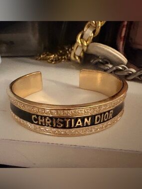 Dior Gold and Black Christian Dior Cuff crystal bracelet